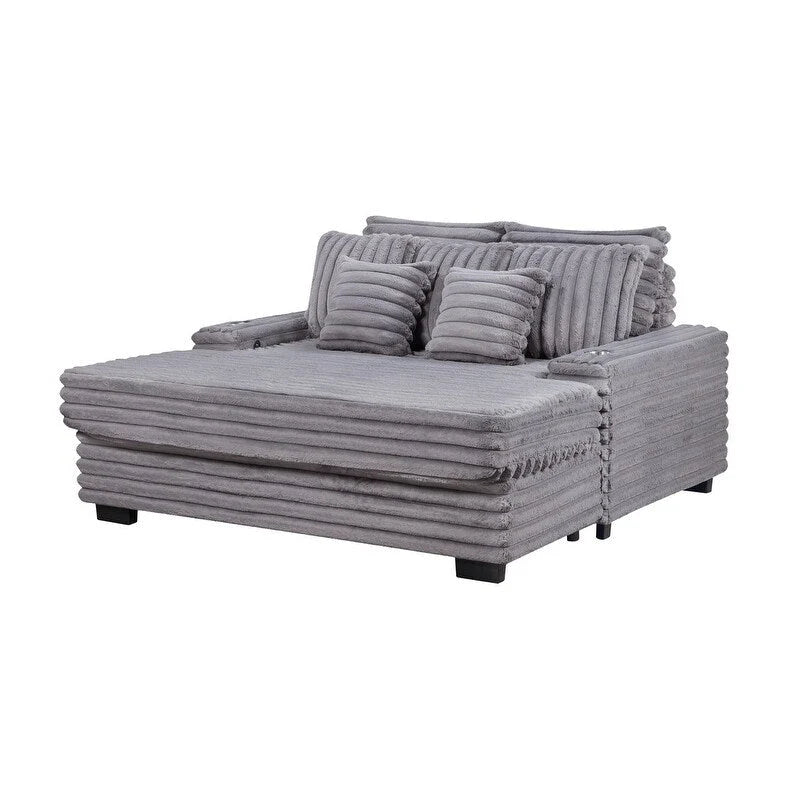 Corduroy Oversized Sofa Chaise Lounge Chair with Cupholders and USB Charging Port