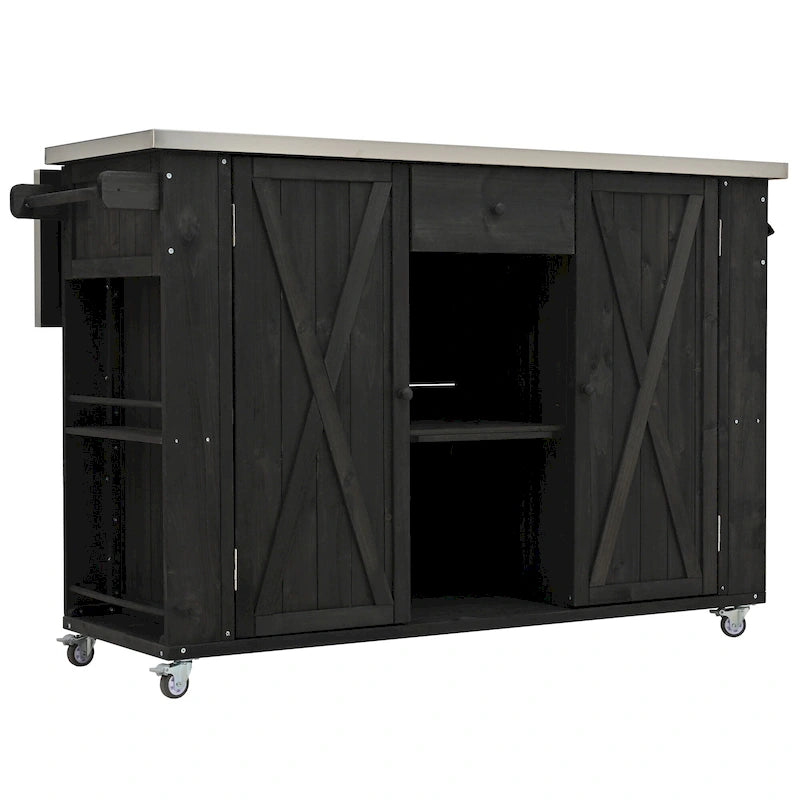 Outdoor Kitchen Island, Rustic Fir Wood with Stainless Steel Top and Smart Storage