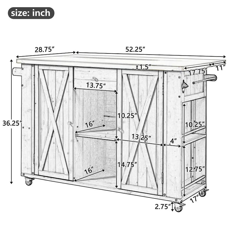 Outdoor Kitchen Island, Rustic Fir Wood with Stainless Steel Top and Smart Storage