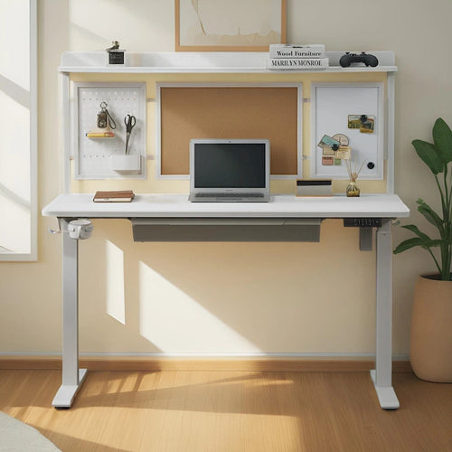 55 White Electric Standing Desk w/Drawer & Backboard Height Adjustable Sit Stand Workstation for Home Office