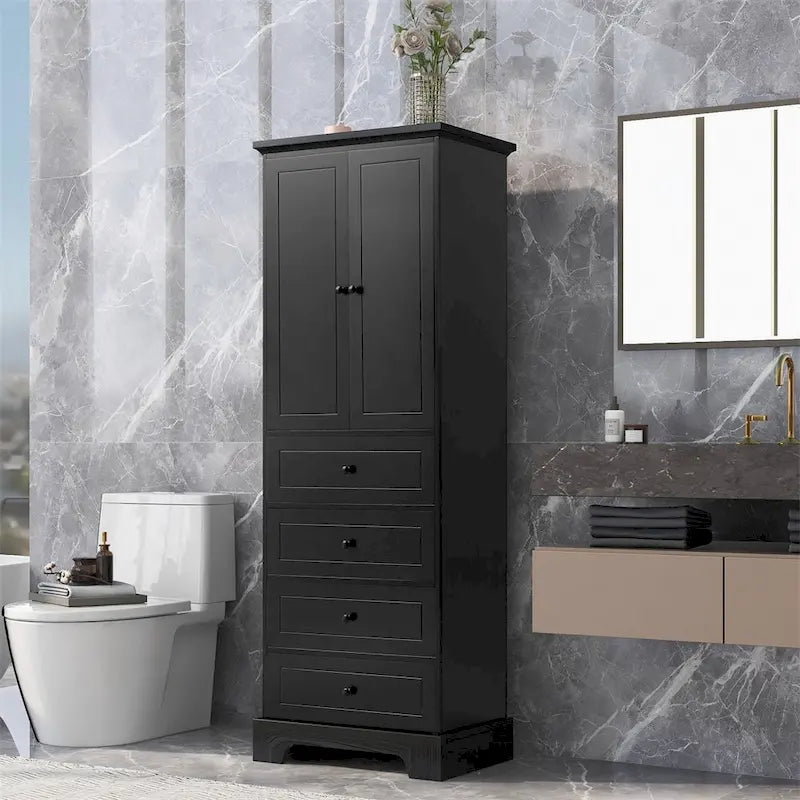 Wooden Storage Cabinet with 2 Doors and 4 Drawers, Adjustable Shelf