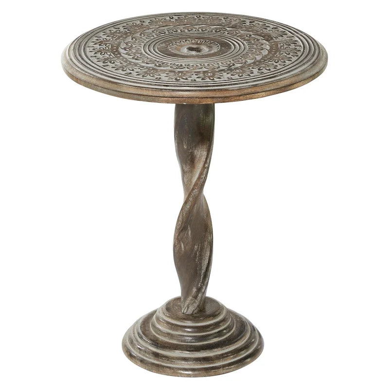 Mango Wood Floral Intricately Carved Side End Accent Table with Spiral Leg and Gray Distressing - Brown