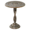 Mango Wood Floral Intricately Carved Side End Accent Table with Spiral Leg and Gray Distressing - Brown